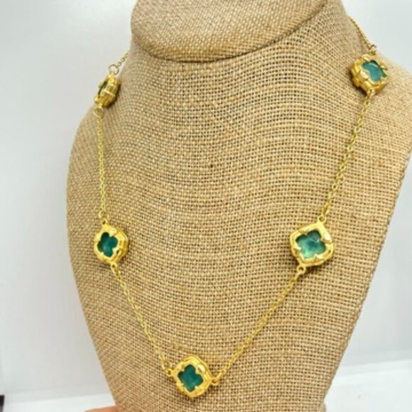 GEORGE AQUA BLUE GREEN CLOVER NECKLACE GOLD TONE STATION STYLE 18" ADJUSTABLE - Picture 5 of 16